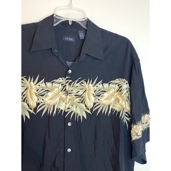 Vintage IZOD Hawaiian Shirt Mens Medium Black Rayon Leaves Beach Cruise EUC - Picture 1 of 7